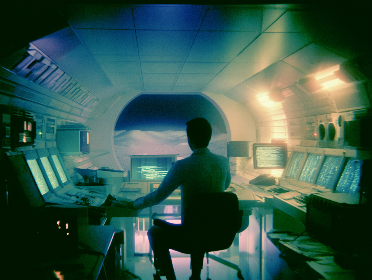 Lone figure at a control room looking out into the unknown