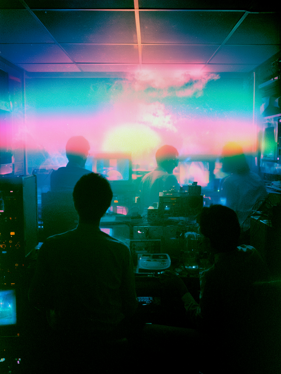 Silhouettes facing a neon dreamscape