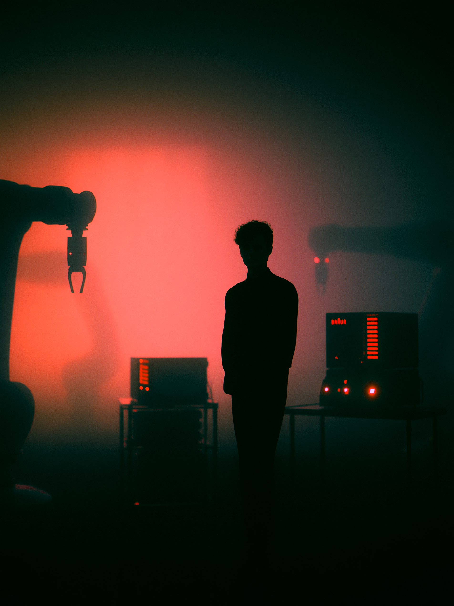 Lone founder standing in fog surrounded by machines